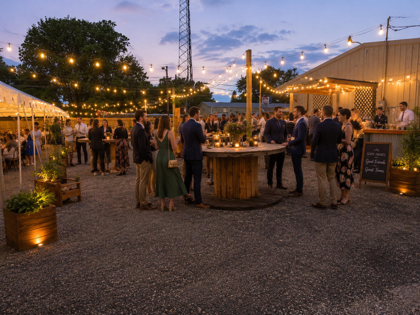 Rustic outdoor evening reception with string lights